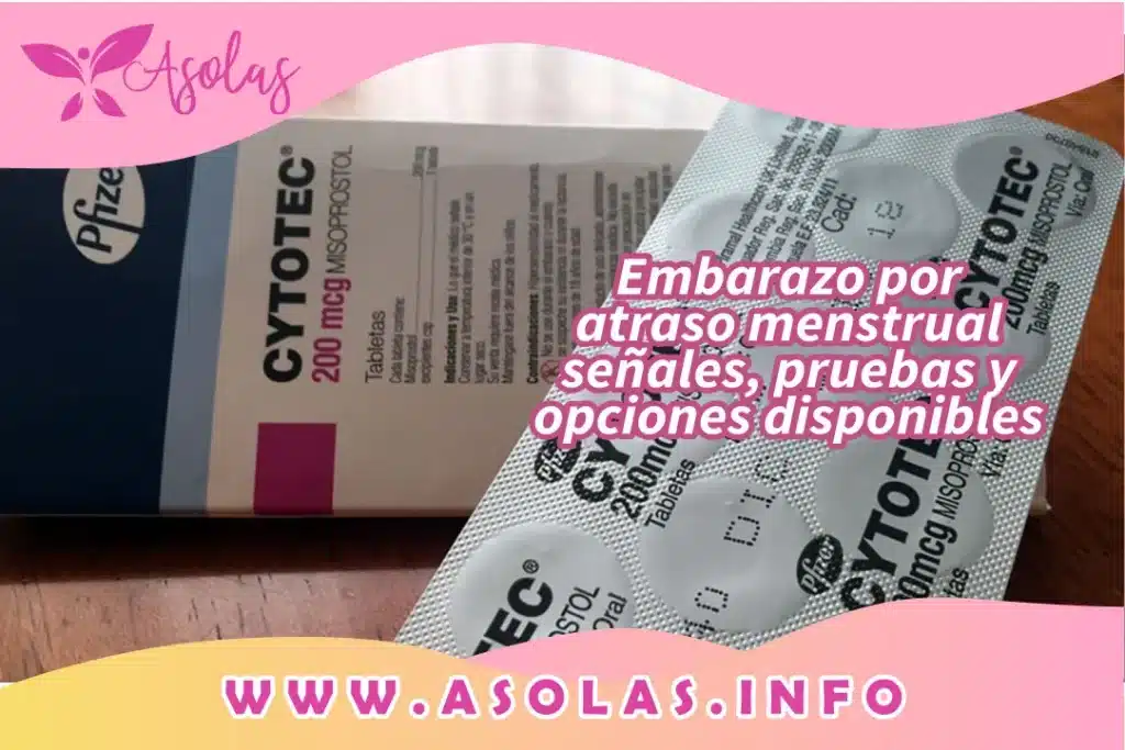 Se observa un blister y caja de pastillas cytotec y al lado un titulo que dice : Embarazo por atraso menstrual señales , pruebas y opciones