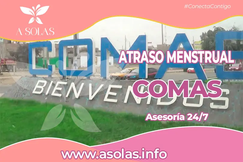 Se observa una portada de sobre el tema Atraso menstrual en Comas con su titulo y con un lugar del distrito de Comas de fondo.