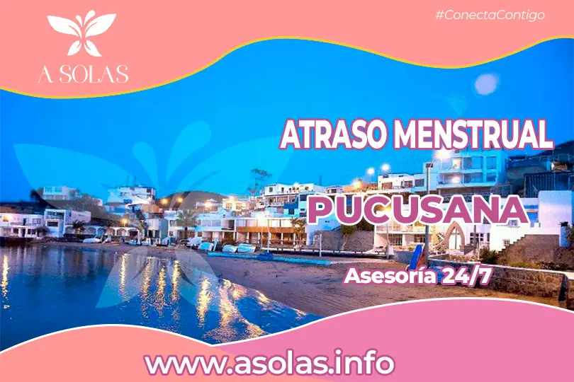 Se observa una portada de sobre el tema Atraso menstrual en Pucusana con su titulo y con un lugar del distrito de Pucusana de fondo.