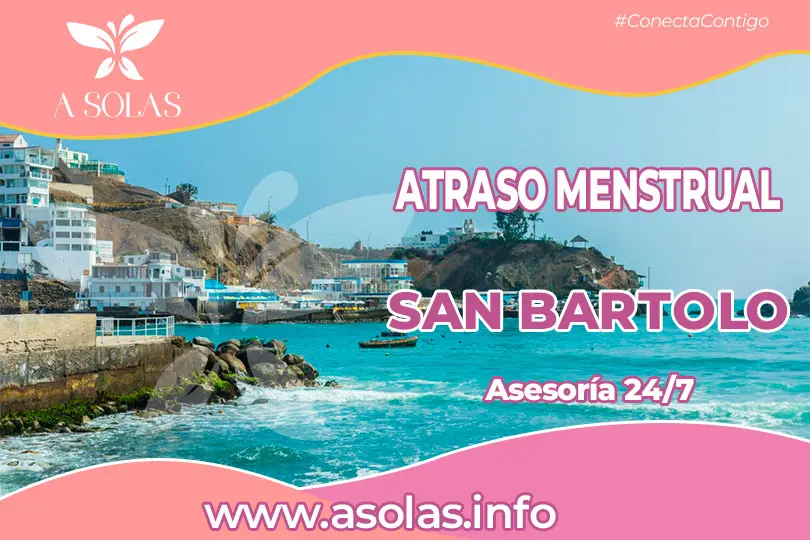 Se observa una portada de sobre el tema Atraso menstrual en San Bartolo con su titulo y con un lugar del distrito de San Bartolo de fondo.