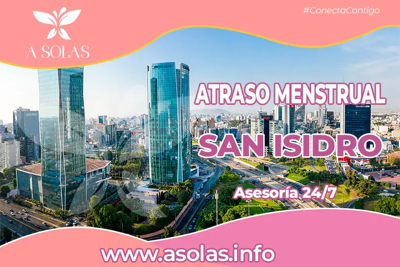 Se observa una portada de sobre el tema Atraso menstrual en San Isidro con su titulo y con un lugar del distrito de San Isidro de fondo.